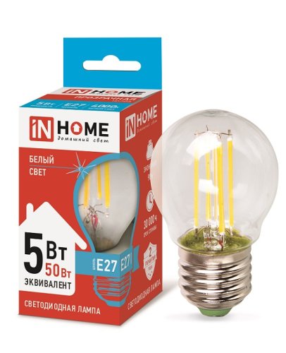 Лампа светодиодная филамент InHome Deco G45 Шар CL Е27 220В 5Вт 450Лм 4000К 45х76мм картинка 